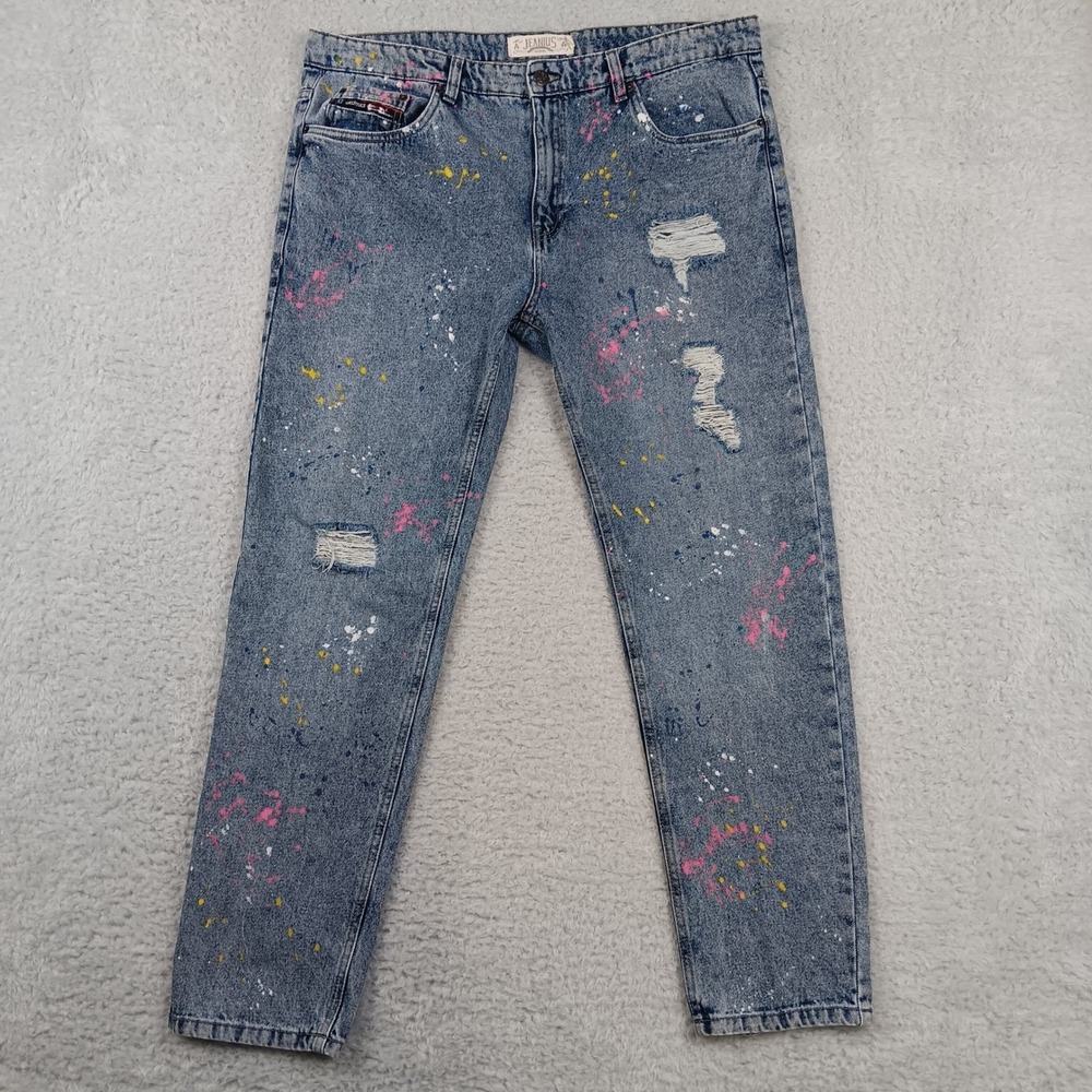 Akademiks Jeanius Jeans Mens 38x30‎ Blue Paint Splatter Distressed Straight Leg